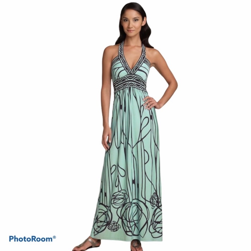 BCBG Max Azria Halter Dress Green Blue Maxi Long Waist Greek Roman pattern XXS 0